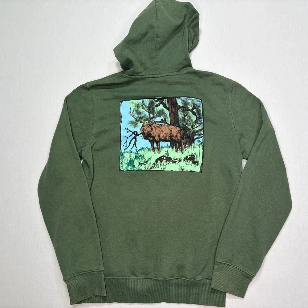 The North Face Mens‎ Pullover Hoodie Elk Graphic Green Blue Small
